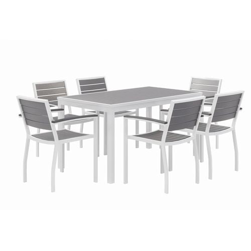 Image of KFI Studios 840031918536 Eveleen Outdoor Patio Table with Six Gray Powder-Coated Polymer Chairs, 32 x 55 x 29, Gray