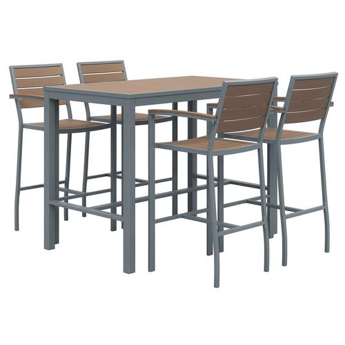 Image of KFI Studios 840031925190 Eveleen Outdoor Bistro Patio Table with Four Mocha Powder-Coated Polymer Barstools, 32 x 55, Mocha