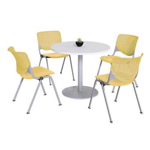 Image of KFI Studios 811774036702 Pedestal Table with Four Yellow Kool Series Chairs, Round, 36" Dia x 29h, Designer White
