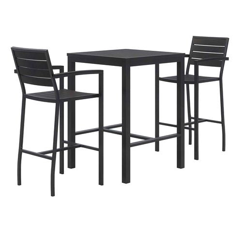 Image of KFI Studios 840031925275 Eveleen Outdoor Bistro Patio Table with Two Black Powder-Coated Polymer Barstools, 30" Square, Black