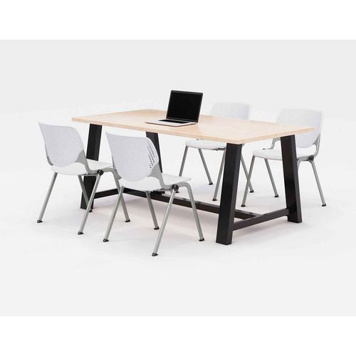 Image of KFI Studios 840031900456 Midtown Dining Table with Four White Kool Series Chairs, 36 x 72 x 30, Kensington Maple