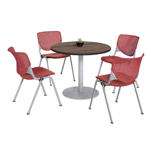 Image of KFI Studios 811774036917 Pedestal Table with Four Coral Kool Series Chairs, Round, 36" Dia x 29h, Studio Teak