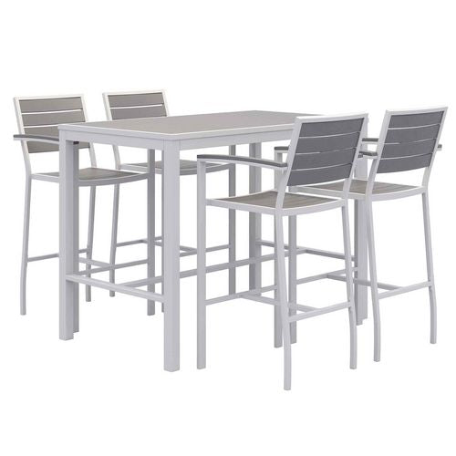 Image of KFI Studios 840031925206 Eveleen Outdoor Bistro Patio Table with Four Gray Powder-Coated Polymer Barstools, 32 x 55, Gray