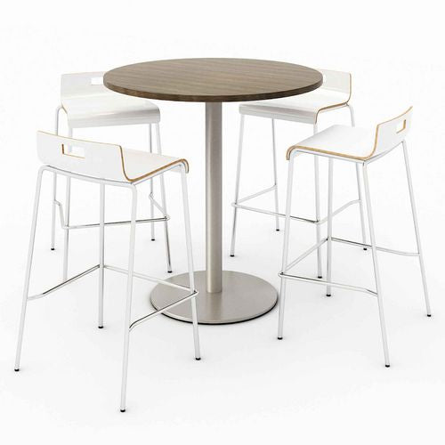 Image of KFI Studios 840031900142 Pedestal Bistro Table with Four White Jive Series Barstools, Round, 36" Dia x 41h, Studio Teak