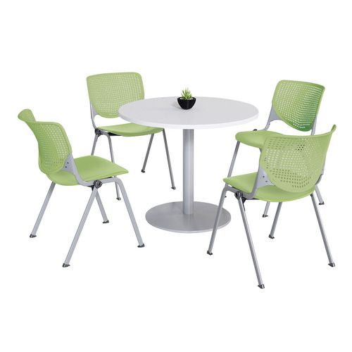 Image of KFI Studios 811774036726 Pedestal Table with Four Lime Green Kool Series Chairs, Round, 36" Dia x 29h, Designer White
