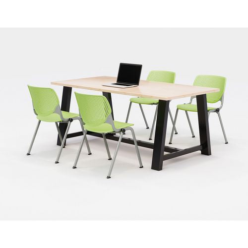 Image of KFI Studios 840031900494 Midtown Dining Table with Four Lime Green Kool Series Chairs, 36 x 72 x 30, Kensington Maple