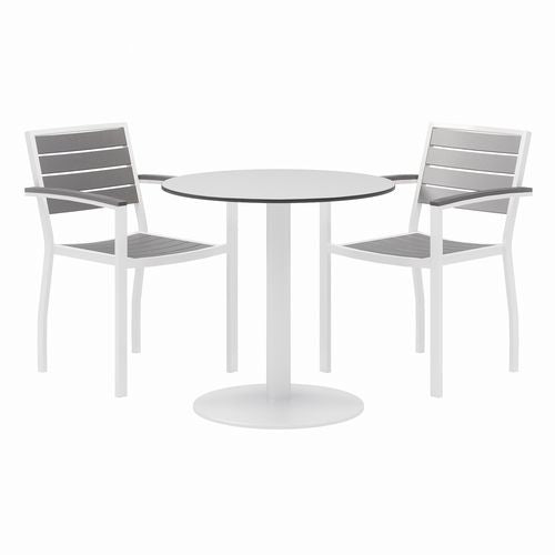 Image of KFI Studios 840031918451 Eveleen Outdoor Patio Table with Two Gray Powder-Coated Polymer Chairs, 30" Dia x 29h, Designer White