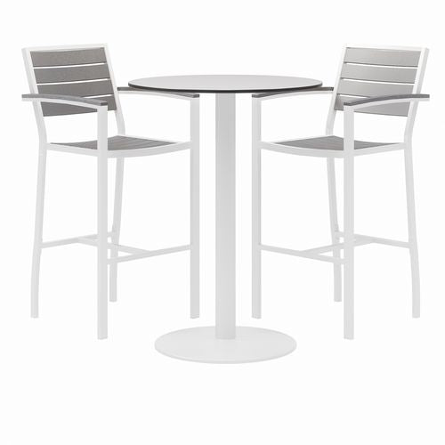 Image of KFI Studios 840031918475 Eveleen Outdoor Bistro Patio Table, Two Gray Powder-Coated Polymer Barstools, Round, 30" Dia x 41h, White