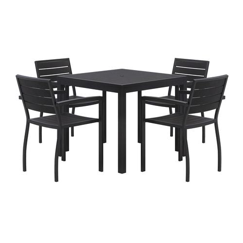 Image of KFI Studios 840031925183 Eveleen Outdoor Patio Table with Four Black Powder-Coated Polymer Chairs, Square, 35", Black