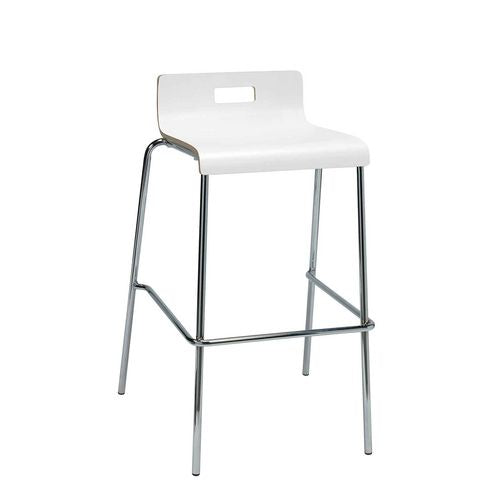 Image of KFI Studios 811774039932 Pedestal Bistro Table with Four White Jive Series Barstools, Square, 36 x 36 x 41, Studio Teak