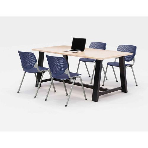 Image of KFI Studios 840031900432 Midtown Dining Table with Four Navy Kool Series Chairs, 36 x 72 x 30, Kensington Maple