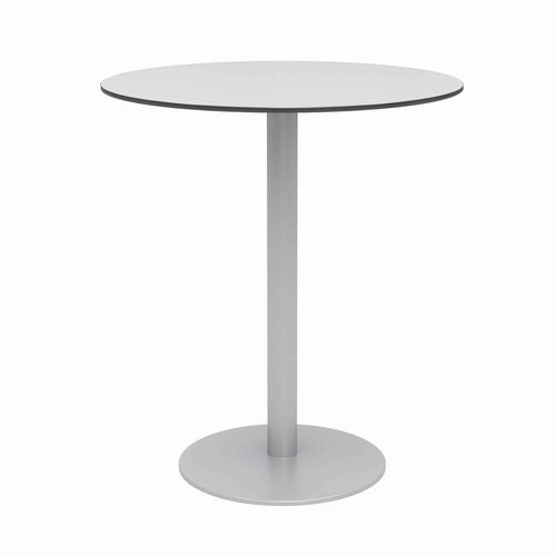 Image of KFI Studios 840031918505 Eveleen Outdoor Bistro Patio Table with Four Mocha Powder-Coated Polymer Barstools, Round, 41"h, Gray