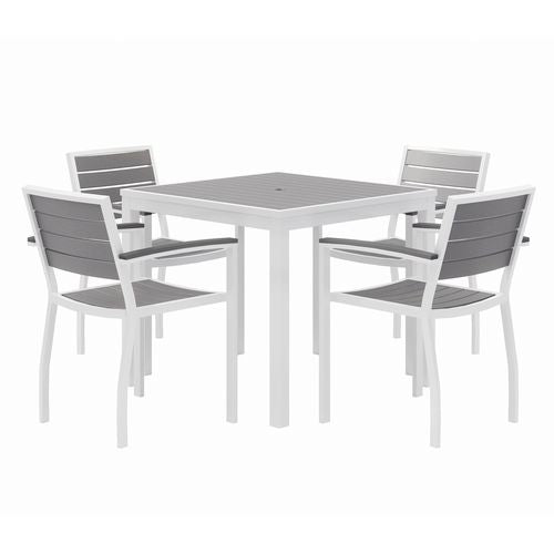 Image of KFI Studios 840031918550 Eveleen Outdoor Patio Table with Four Gray Powder-Coated Polymer Chairs, 32" Square, Gray