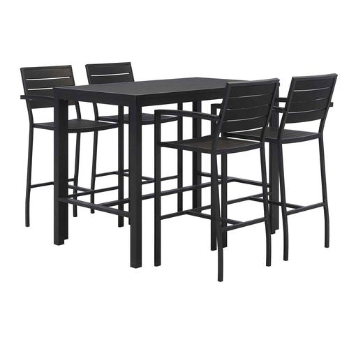 Image of KFI Studios 840031925213 Eveleen Outdoor Bistro Patio Table with Four Black Powder-Coated Polymer Barstools, 32 x 55, Black