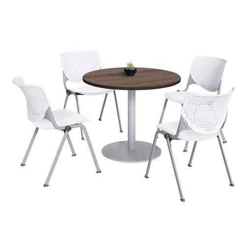 Image of KFI Studios 811774036887 Pedestal Table with Four White Kool Series Chairs, Round, 36" Dia x 29h, Studio Teak