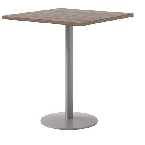 Image of KFI Studios 811774039932 Pedestal Bistro Table with Four White Jive Series Barstools, Square, 36 x 36 x 41, Studio Teak
