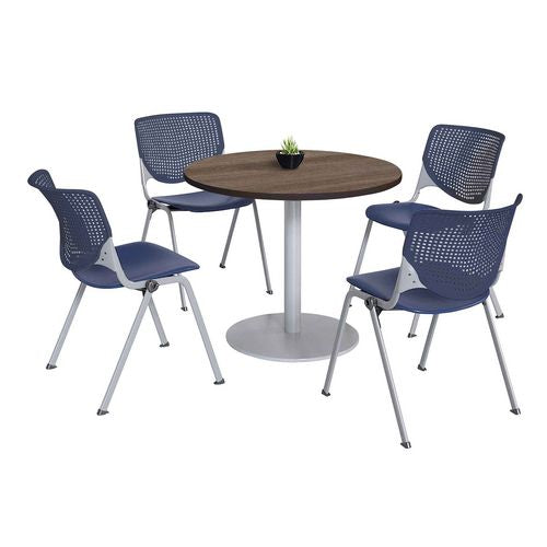 Image of KFI Studios 811774036870 Pedestal Table with Four Navy Kool Series Chairs, Round, 36" Dia x 29h, Studio Teak
