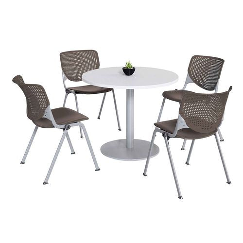 Image of KFI Studios 811774036733 Pedestal Table with Four Brownstone Kool Series Chairs, Round, 36" Dia x 29h, Designer White