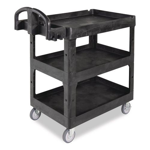 Image of Rubbermaid® Commercial 2196862 BRUTE 3-Shelf Heavy-Duty Ergo Lipped Utility Cart, Resin, 3 Shelves, 600 lb Capacity, 25.24" x 44" x 47", Black