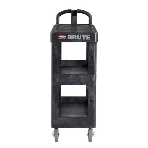 Image of Rubbermaid® Commercial 2203280 BRUTE 3-Shelf Heavy-Duty Ergo Flat Utility Cart, Plastic, 3 Shelves, 600 lb Capacity, 25.24" x 48.63" x 46.18", Black