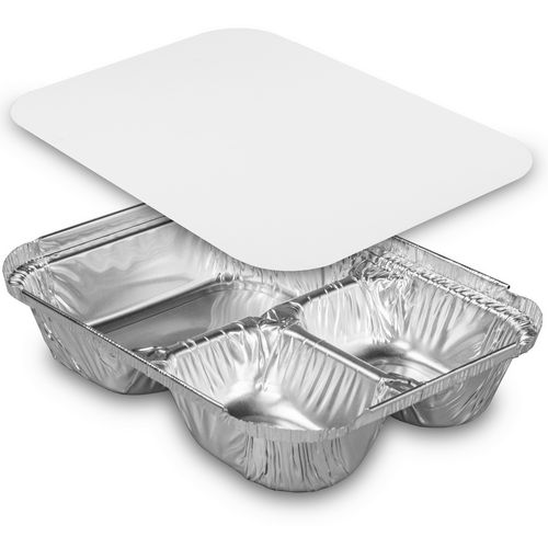 Image of HFA® 2045-00-500 Three-Compartment Oblong Food Container, 24 oz, 6.38 x 1.47 x 8, Silver, Aluminum, 500/Carton