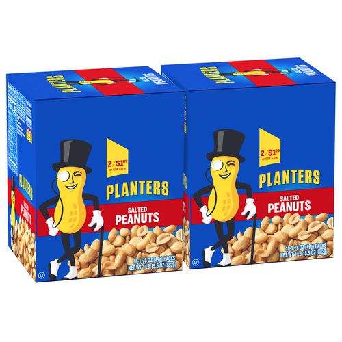 Image of Planters® 810128791809 Salted Peanuts, 1.75 oz Pack, 18 Packets/Box, 2 Boxes/Carton