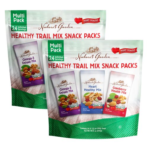 Image of Nature's Garden 810128792127 Healthy Trail Mix Snack Packs, Assorted Flavors, 1.2 oz Pouch, 24/Bag, 2 Bags/Carton