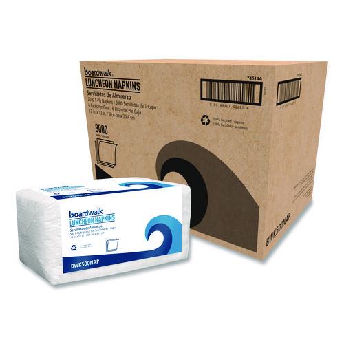 Image of Boardwalk® 4514 1/4-Fold Lunch Napkins, 1-Ply, 12 x 12, White, 500/Pack, 6 Packs/Carton