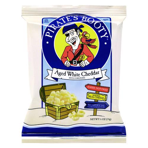 Image of Pirate's Booty® 810128792103 Natural Aged White Cheddar Baked Corn Puffs, 0.5 oz Bag, 36/Box, 2 Boxes/Carton