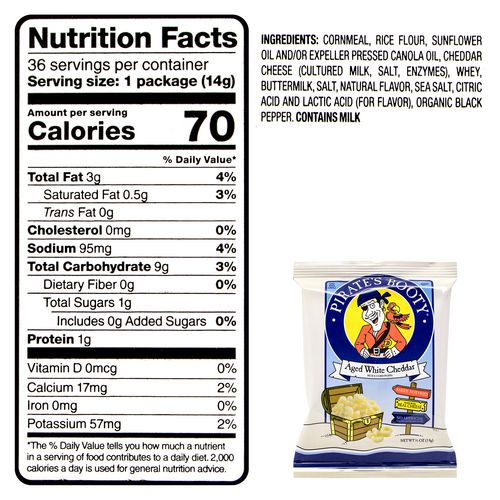 Image of Pirate's Booty® 810128792103 Natural Aged White Cheddar Baked Corn Puffs, 0.5 oz Bag, 36/Box, 2 Boxes/Carton