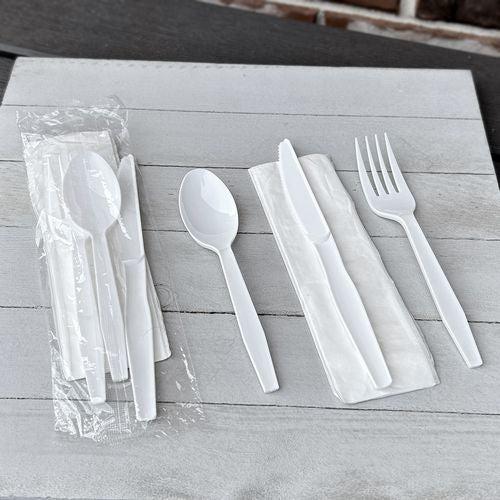 Image of BoardwalkÂ® Four-Piece Polystyrene Cutlery Kit, Mediumweight, Fork/Knife/Napkin/Spoon, Plastic, White, 250/Carton