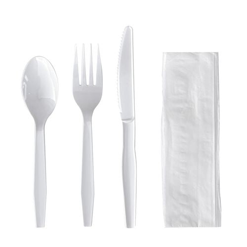 Image of BoardwalkÂ® Four-Piece Polystyrene Cutlery Kit, Mediumweight, Fork/Knife/Napkin/Spoon, Plastic, White, 250/Carton