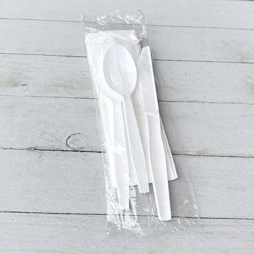 Image of BoardwalkÂ® Four-Piece Polystyrene Cutlery Kit, Mediumweight, Fork/Knife/Napkin/Spoon, Plastic, White, 250/Carton