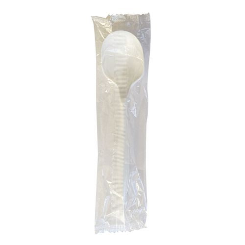 Image of Boardwalk® BWKSOUPMWPPIW Mediumweight Wrapped Polypropylene Cutlery, Soup Spoon, 4.86", Plastic, White, 1,000/Carton