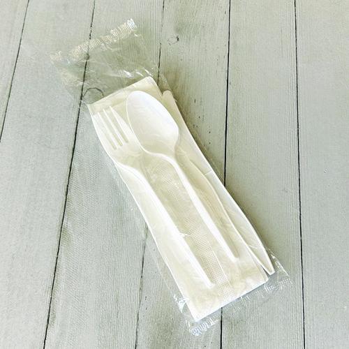 Image of BoardwalkÂ® Four-Piece Polypropylene Cutlery Kit, Mediumweight, Fork/Knife/Napkin/Spoon, Plastic, White, 250/Carton