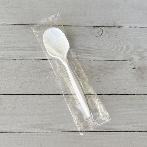 Image of Boardwalk® BWKSOUPMWPPIW Mediumweight Wrapped Polypropylene Cutlery, Soup Spoon, 4.86", Plastic, White, 1,000/Carton