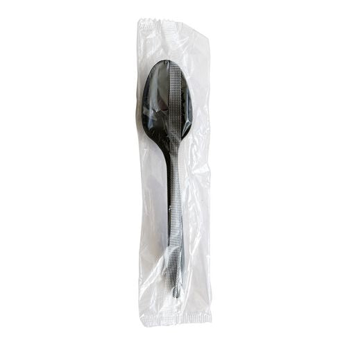 Image of Boardwalk® BWKSPOONBLPPIW Mediumweight Polypropylene Cutlery, Individually Wrapped, Spoon, Plastic, Black, 1,000/Carton