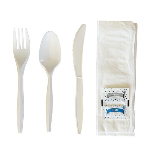 Image of BoardwalkÂ® Six-Piece Cutlery Kit, Mediumweight, Fork/Knife/Napkin/Pepper/Salt/Spoon, 5.86", Plastic, White, 250/Carton