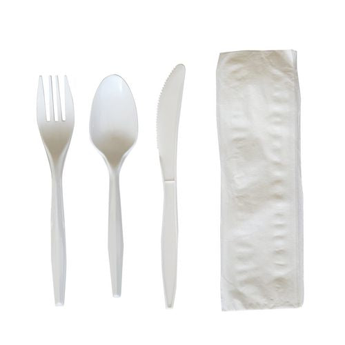 Image of BoardwalkÂ® Four-Piece Polypropylene Cutlery Kit, Mediumweight, Fork/Knife/Napkin/Spoon, Plastic, White, 250/Carton