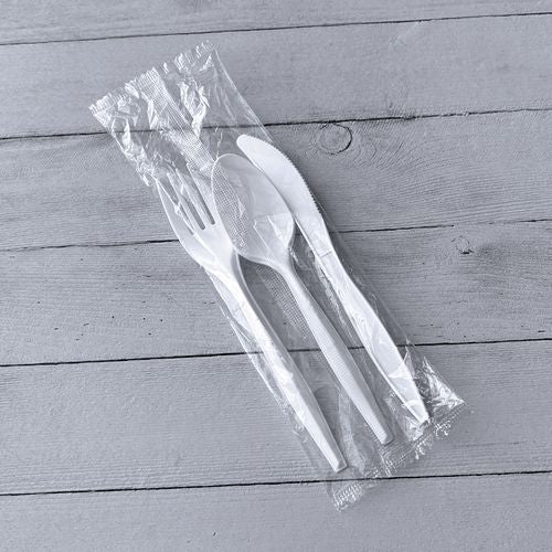 Image of BoardwalkÂ® Three-Piece Cutlery Kit, Mediumweight, Fork/Knife/Spoon, 6.97", Plastic, White, 250/Carton