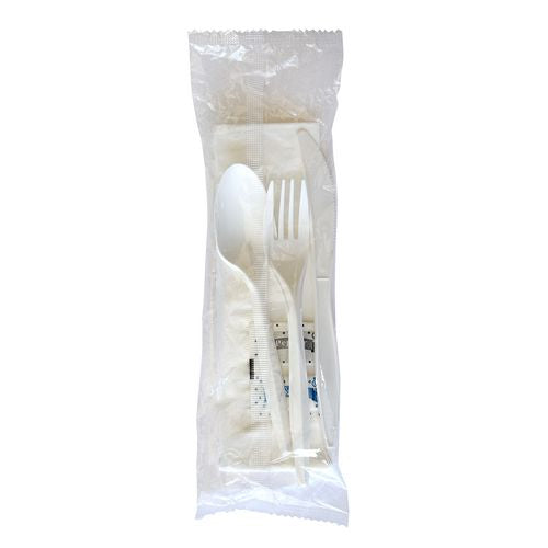 Image of BoardwalkÂ® Six-Piece Cutlery Kit, Mediumweight, Fork/Knife/Napkin/Pepper/Salt/Spoon, 5.86", Plastic, White, 250/Carton