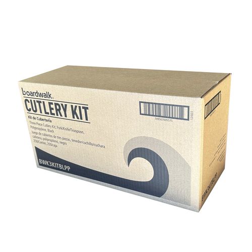 Image of Boardwalk® BWK3KITBLPP Three-Piece Polypropylene Cutlery Kit, Mediumweight, Fork/Knife/Spoon, Plastic, Black, 250/Carton