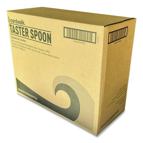 Image of Boardwalk® BWKSPOONMWPPIW Mediumweight Wrapped Polypropylene Cutlery, Spoon, 5.31", Plastic, White, 1,000/Carton