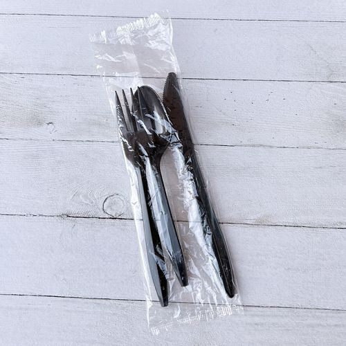 Image of Boardwalk® BWK3KITBLPP Three-Piece Polypropylene Cutlery Kit, Mediumweight, Fork/Knife/Spoon, Plastic, Black, 250/Carton