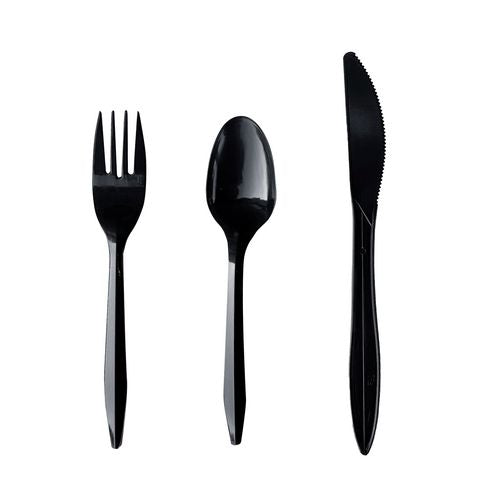 Image of Boardwalk® BWK3KITBLPP Three-Piece Polypropylene Cutlery Kit, Mediumweight, Fork/Knife/Spoon, Plastic, Black, 250/Carton