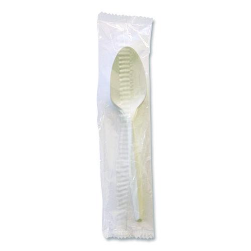 Image of Boardwalk® BWKSPOONMWPPIW Mediumweight Wrapped Polypropylene Cutlery, Spoon, 5.31", Plastic, White, 1,000/Carton