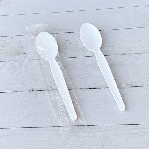 Image of Boardwalk® BWKSOUPWHPS Heavyweight Wrapped Polystyrene Cutlery, Soup Spoon, Plastic, White, 1,000/Carton