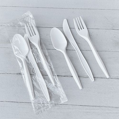 Image of BoardwalkÂ® Three-Piece Cutlery Kit, Mediumweight, Fork/Knife/Spoon, 6.97", Plastic, White, 250/Carton