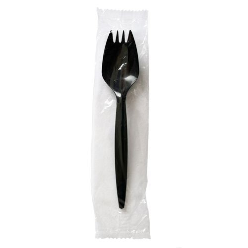 Image of Boardwalk® BWKSPORKBLPPIW Mediumweight Wrapped Polypropylene Cutlery, Spork, Plastic, Black, 1,000/Carton
