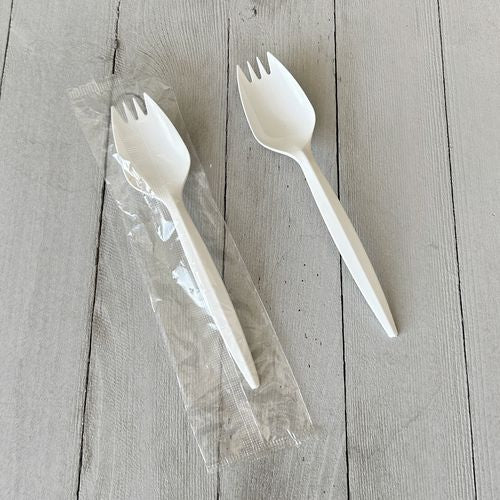 Image of Boardwalk® BWKSPORKWHPPIW Mediumweight Wrapped Polypropylene Cutlery, Spork, Plastic, White, 1000/Carton